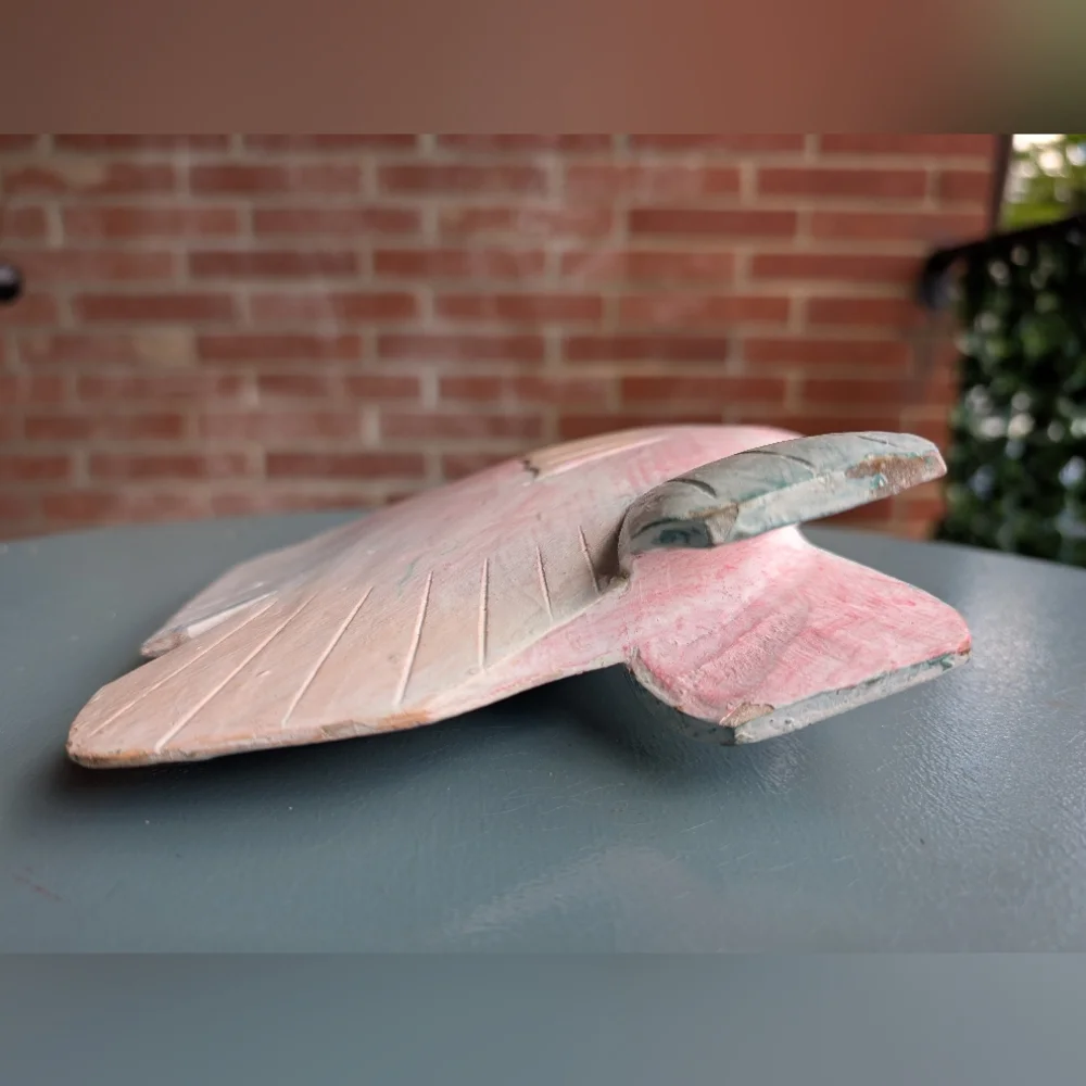 Handcrafted Pink and Blue Fish Wooden Sculpture